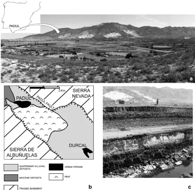 Fig. 1. Padul Basin location and landscape (a). Geological structure of the Padul Basin (b)