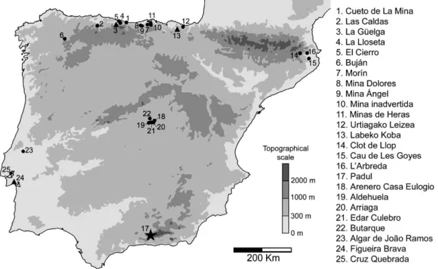 Fig. 7. Iberian sites with Mammuthus primigenius remains (from Álvarez Lao (2007)). Padul is represented with a black star