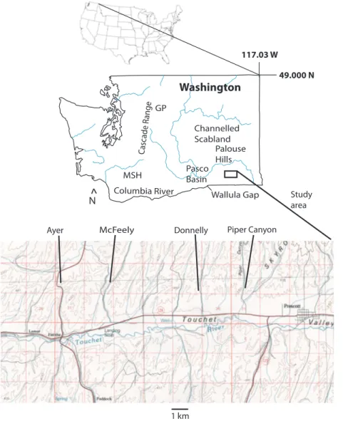 Fig. 1. Index map of Washington state and study area showing the locations of the study sections in central Walla Walla County and physiographic features mentioned in the text