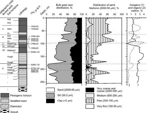 Fig. 4. Lithology of the Basovo HFS2 proﬁle showing grain-size data and carbon content