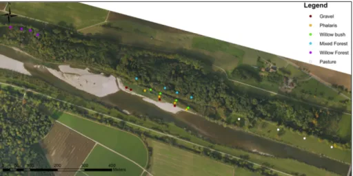 Figure 1. Aerial view of the Thur River test site near Niderneunforn (North-Eastern  Switzerland)  showing  the  different  plots  for  each  of  the  six  Functional  Process  Zones.2