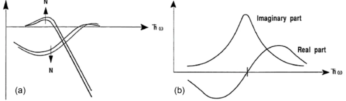 Figure 3.1: Real and complex part of the refractive index in (a) in- in-terband and (b) intersubband transitions as a function of the photon energy