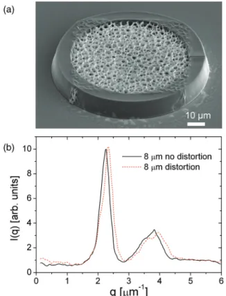 FIG. 10. (Color online) Scattering function I (q) derived from computer-generated 3D network structures (a = 3.3 μm, h = 50 μm) using either an ellipsoidal (elongated, 0.28 μm × 0.84 μm) or spherical (diameter 0.458 μm) laser writing pen.