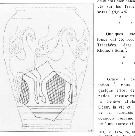 Fig. 47. — Fragment de vase gaulois, et reconstitution  d’après L. Blondel (G, X, 1932, 58, fig