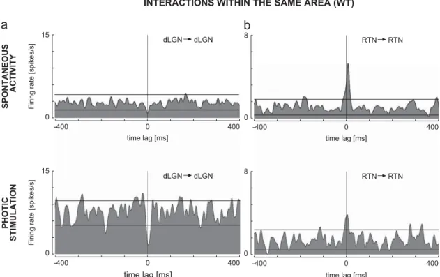 Fig. 3 – Cross-correlograms of selected pairs of neighboring units in wild-type mice. (a) Cell pair in the dorsal lateral geniculate nucleus (dLGN) (#TW1)