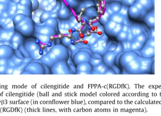 Figure 1. Binding mode of cilengitide and FPPA-c(RGDfK). The experimental binding mode of cilengitide (ball and stick model colored according to the atom types) on the a vb3 surface (in cornﬂower blue), compared to the calculated binding mode of FPPA-c(RGD