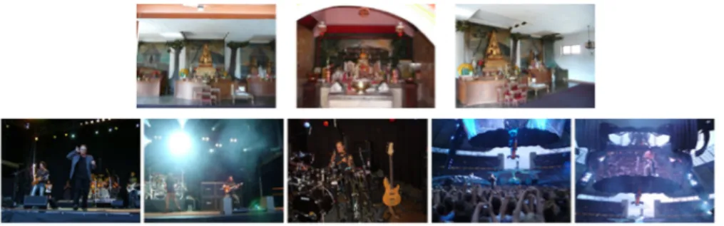 Fig. 3. Exemplar images for the personal photo annotation task. The top row shows samples of the Visual Concept ‘Asian Temple Interior’; the bottom row shows samples of the Event Class ‘Rock Concert’.