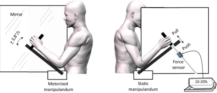 Figure 1.  Experimental set-up.  The left panel reflects the mirror side of the display with the motorized left hand