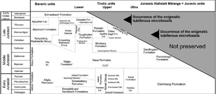 Fig. 2. Stratigraphic table of the Jurassic of the Northern Calcareous Alps with its lateral variations depending on the paleogeographic position (after Gawlick et al