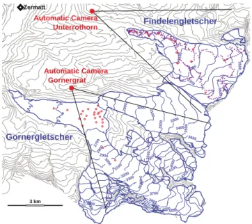 Fig. 1. Overview map of the study site. The location of the automatic cameras at Findelengletscher and Gornergletscher and their ﬁeld of view is shown