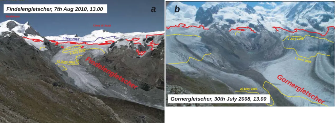 Fig. 2. Example photographs from the automatic cameras overlooking (a) Findelengletscher and (b) Gornergletscher