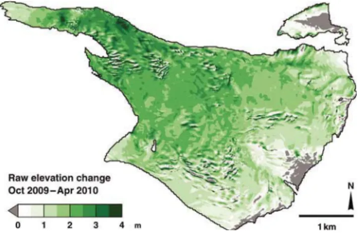 Fig. 5. Raw lidar-derived elevation change from October 2009 to April 2010. Grey shading indicates negative values.