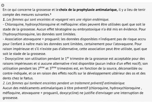 Tableau 11b. Médicaments utilisés dans la prévention de la malaria