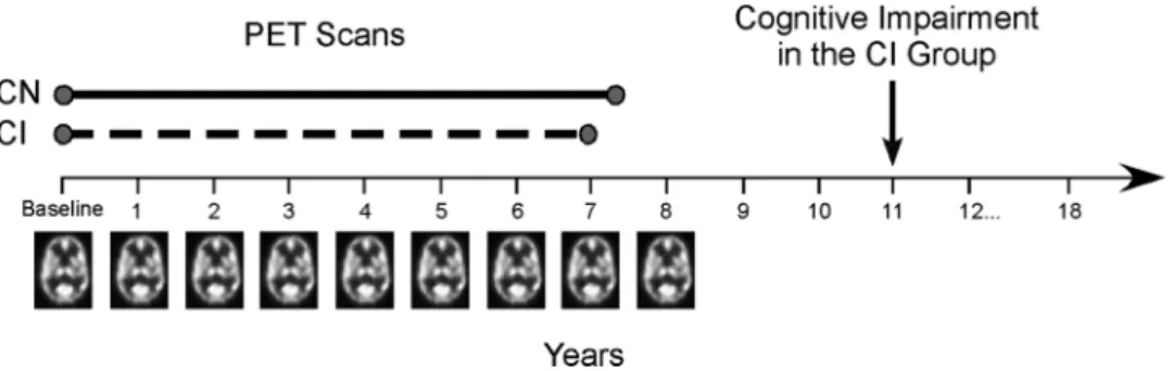 Figure 1. Study design. In the initial phase of the neuroimaging study, annual resting-state PET scans were administered through follow-up year 8 of the study
