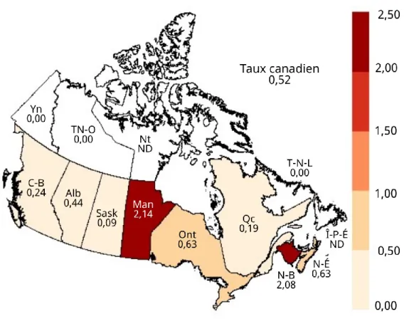 Figure 2. Répartition géographique des taux de cas déclarés d’hépatite B aiguë par  province et territoire au Canada, SCSMDO, 2018 * 