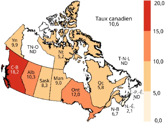 Figure 6. Répartition géographique des taux de cas déclarés d’hépatite B chronique par  province et territoire au Canada, SCSMDO, en 2018* 