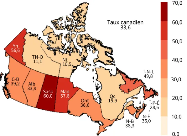 Figure 10. Répartition géographique des taux de cas déclarés d’hépatite C par province  et territoire au Canada, SCSMDO, en 2018 