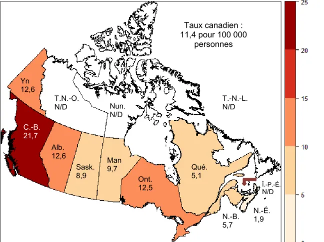 Figure 4. Répartition géographique des taux d’infection chronique par le VHB dans l’ensemble  des provinces et des territoires au Canada, SCSMDO, 2017 