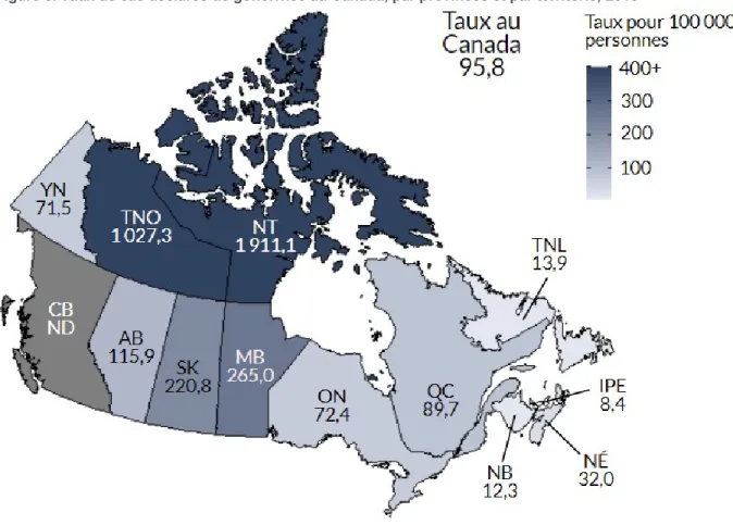 Figure 8. Taux de cas déclarés de gonorrhée au Canada, par provinces et par territorie, 2018 