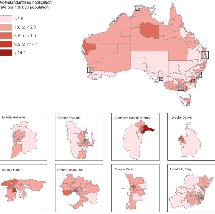 Figure 1.1.8  Average age‑standardised HIV notification rate per 100 000 population, by statistical area  level 3, 2014–2016, Australia and major cities