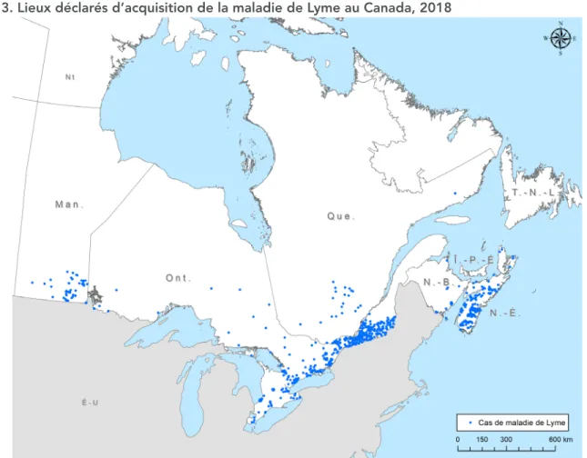 Figure 3. Lieux déclarés d’acquisition de la maladie de Lyme au Canada, 2018 