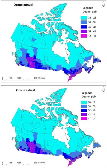 Figure 2. Moyenne annuelle (partie supérieure) et moyenne estivale (partie inférieure), sur trois ans et  pondérées en fonction de la population, des concentrations quotidiennes maximales d’ozone sur une heure  dans l’ensemble des divisions de recensement 