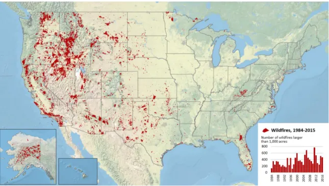 Figure 3. Area Burned and Annual Count of Wildfires Larger Than 1,000 Acres, 1984- 1984-2015 