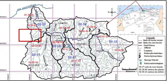 Figure 1 : présentation géographique de la zone d’étude et les principales stations hydropluviométriques (02 :  code ANRH du bassin versant Sébaou) (Ballah A 2014) 