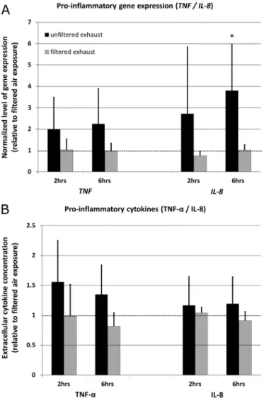 Fig. 3. Inﬂammatory response. A) And B) gene expression levels of TNF and IL-8 (real- (real-time RT-PCR), C) and D) extracellular TNF- a and IL-8 concentrations (ELISA)