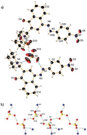 Fig. 3 View of the molecular structure of compound 4: (a) the protonated keto form dimer with H 2 SO 4 and (b) the counter anion chain in the packing of the keto form