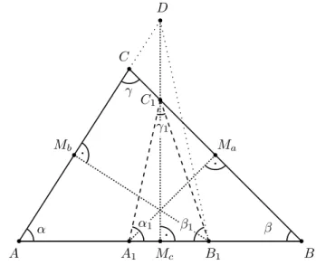 Figure 1. Triangle A 1 B 1 C 1 of the tops of the interior perpendicular bisectors