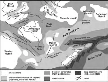 figure 7: Palaeogeographic setting of the jura carbonate platform during the Kimmeridgian  (late jurassic, approximately 152 ma)