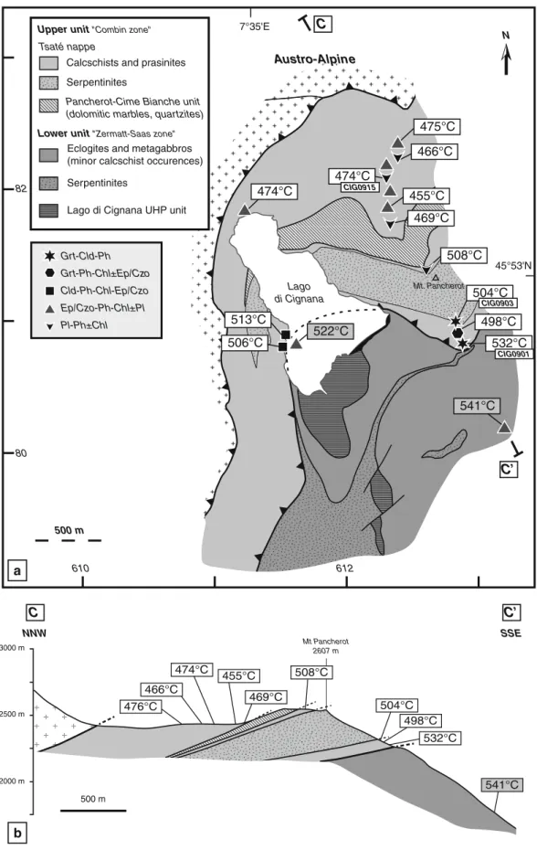Fig. 6 Tectonic map of the Lago di Cignana area (modified after Compagnoni and Rolfo 2003) showing RSCM temperatures and metamorphic assemblages in the upper and lower units of the Piemont-Ligurian domain