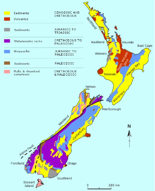 Figure 1: Simplified geological map of New Zealand showing location of unmetamorphosed or weakly metamor- metamor-phosed sedimentary rocks that contain fossils