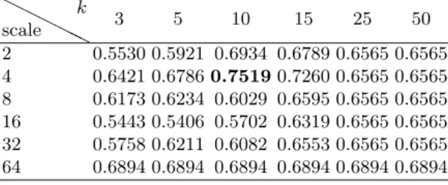 Table 6. MAP using various scales and the k largest singular values on the training set using Jeffrey divergence.