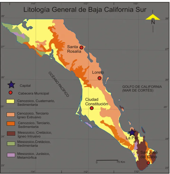 Figure 4: General lithological map of Baja California Sur, Mexico (adapted and modified from Mapa Geológico de  INEGI, 2006 and Mapa Geológico Simplificado y Depósitos Minerales de Baja California Sur del Consejo de Recursos  Minerales [SGM], 1999)