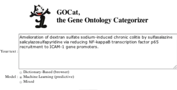 Figure 1. The GOCat interface where as an input the user can provide a text, e.g. an abstract of the  document and choose the processing of results between three models: Dictionary-Based, Machine  learning and Mixed