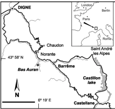 Fig. 1.  Geographical  setting  of  the  Bas-Auran  area  (France).  Scale  bar  is  10 km.