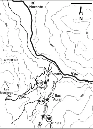graphic sections. Scale bar is 500 m. RB = Ravin du Bès Section. RA = Ravin  d’Auran Section