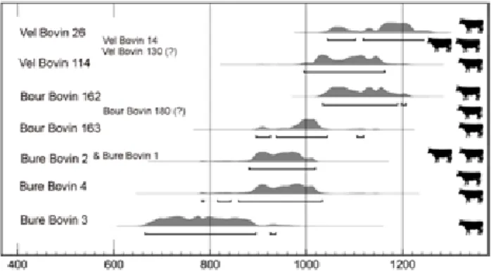 Fig. 11 : Sériation chronologique des dépôts bovins d’Ajoie en fonction  des datations radiocarbone et des données stratigraphiques (logiciel  Oxcal, courbe de calibration Bronk Ramsey 2010)