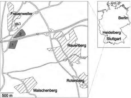 figure 1: Positions of the clay pits unterfeld (1), Frauenweiler-Wiesen (2) and rohrlach (3).