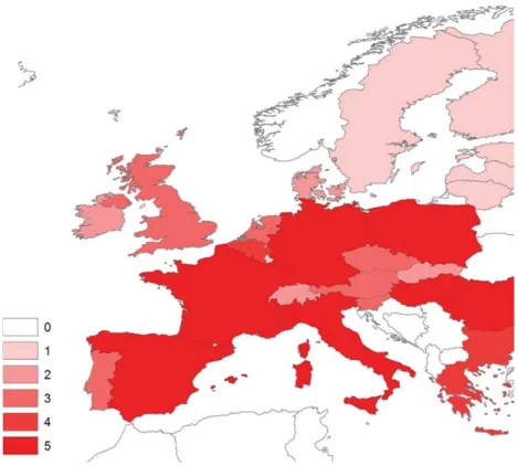 Figure 1 Heat map showing the Likelihood of Arthropod Invasions (LAI) in Europe. For each European country, LAI has been