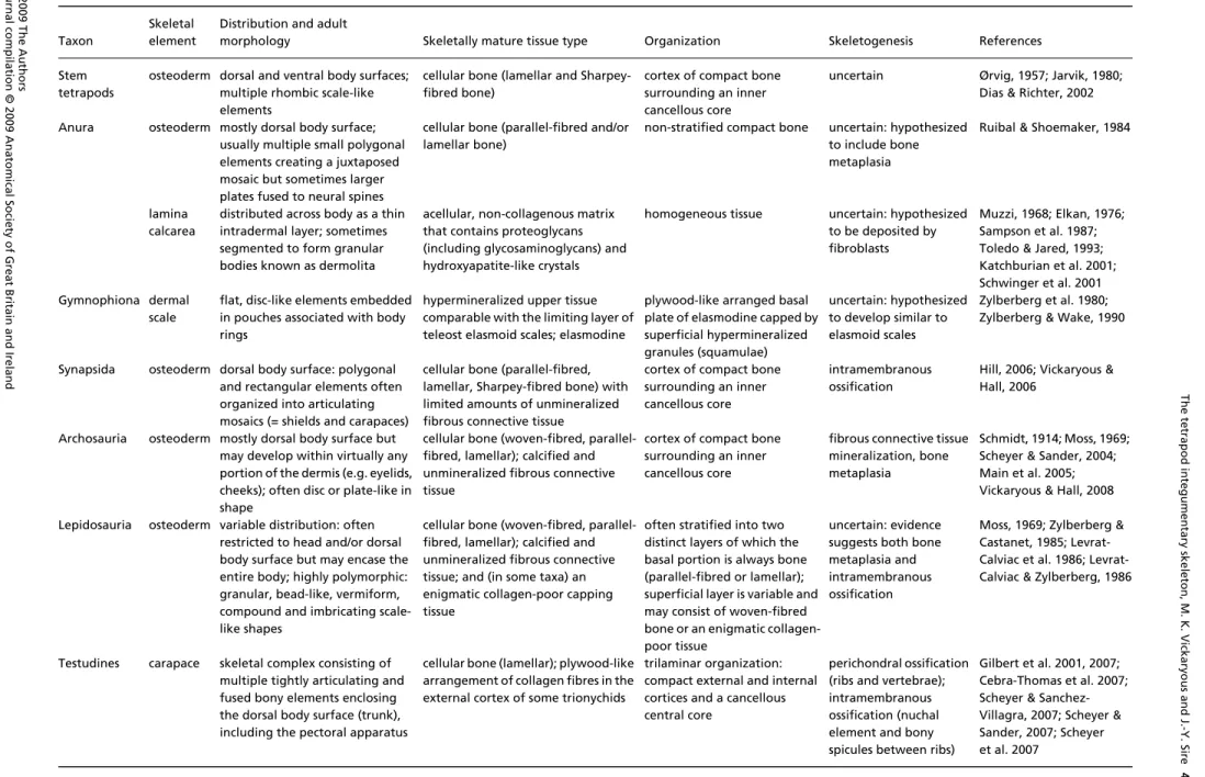 Table 1 A summary of the distribution, structure and development of organs and tissues contributing to the tetrapod integumentary skeleton