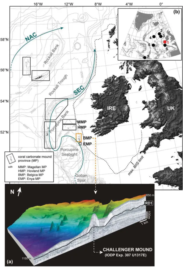 Fig. 1. Location of the Challenger cold-water coral carbonate mound (IODP. Exp. 307 Hole U1317E) on the eastern continental margin of the Porcupine Seabight (NE Atlantic)