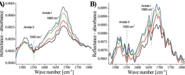 Figure 10. Phosphate stretching region of region of IRRA spectra of Pad-PC-Pad at 280 K (A) and of Sad-PC-Sad at 293 K (B) at di ﬀ erent surface pressures (1 mN m −1 , black; 10 mN m −1 , red; 20 mN m −1 , green; 35 mN m −1 , blue) of monolayers prepared o
