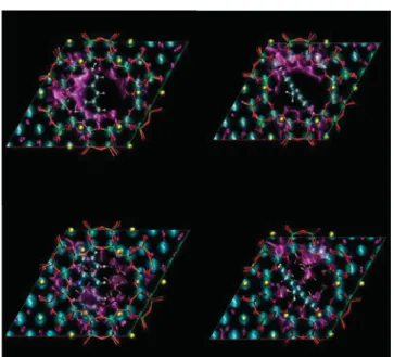 Figure 7. Top panel: radial distribution function g(r) representing the (methyl-carbon)−Al distance for the minimum energy structure Opt1 (solid line) and for higher energy structures Opt5 (dotted line) and Opt6 (dashed line) of the MeAcr + −ZL·18H 2 O-com