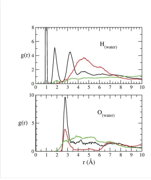 Figure S4. Radial distribution function g(r) from MD1 simulation. Bottom panel: g(r) involving  O(water)