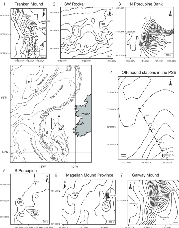 Figure 2.1 Location map of the surface sediment samples investigated in this study. The different carbonate mound provinces along the  Rockall Bank (1, 2), the Porcupine Bank (3, 5), and the Porcupine Seabight (4, 6, 7) are highlighted
