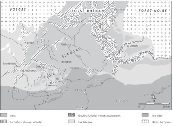 Fig. 6  Carte géologique simplifiée du sud de l’Alsace et du nord de la chaîne jurassienne (d’après la carte tectoni- tectoni-que de la Suisse au 1 : 500 000 et la carte géologitectoni-que de la France au 1 : 1 000 000, édition du BRGM, modifiée)