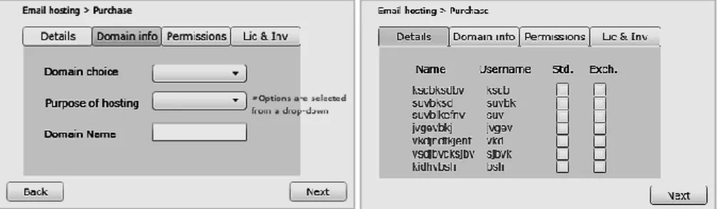 Fig. 3. Wireframes of the Purchase wizard for email-hosting service purchase  